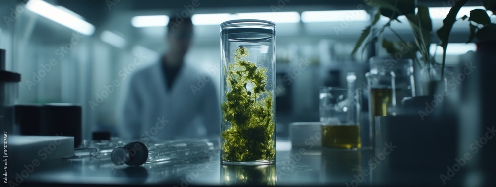 A laboratory scene featuring a glass jar with vibrant green plant material. A laboratory scene featuring a glass jar with vibrant green plant material.