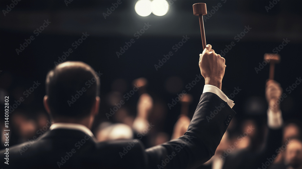 Fototapeta premium Auction house filled with enthusiastic bidders raising paddles in competitive bidding environment, showcasing the excitement and dynamics of auction culture