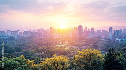 Stunning Urban Sunset Over City Skyline and Lush Green Park