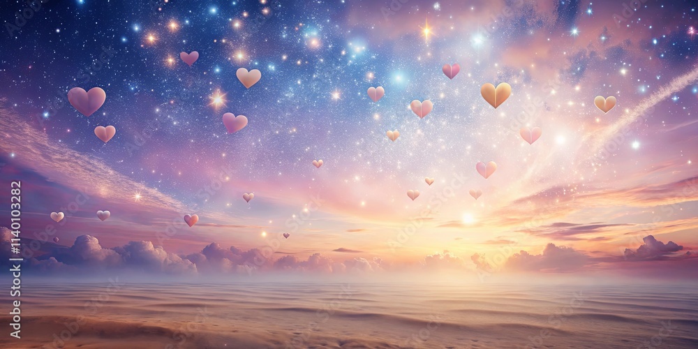 Heart-shaped balloons ascend into a dreamy sunset sky above a sandy landscape Heart-shaped balloons ascend into a dreamy sunset sky above a sandy landscape