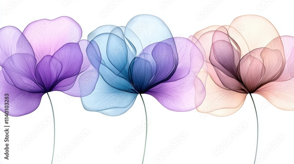 Naklejka premium Elegant Sheer Watercolor Flowers Purple Blue Beige Floral Art Print