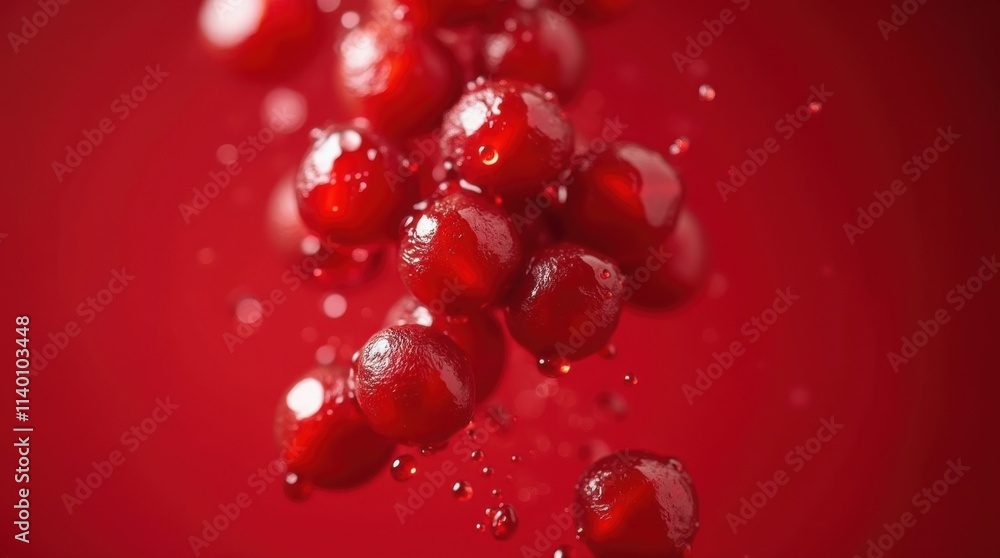 Frozen Pomegranate Seeds Falling on Red Background Frozen Pomegranate Seeds Falling on Red Background