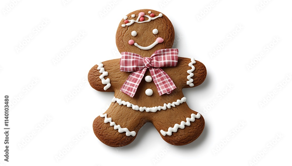 A decorated gingerbread man cookie with icing and a bow, symbolizing festive treats. A decorated gingerbread man cookie with icing and a bow, symbolizing festive treats.