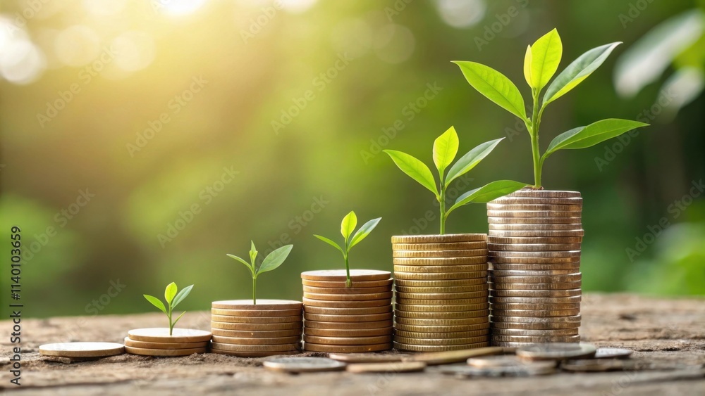A stack of coins with growing green plants symbolizes financial growth and sustainability. A stack of coins with growing green plants symbolizes financial growth and sustainability.