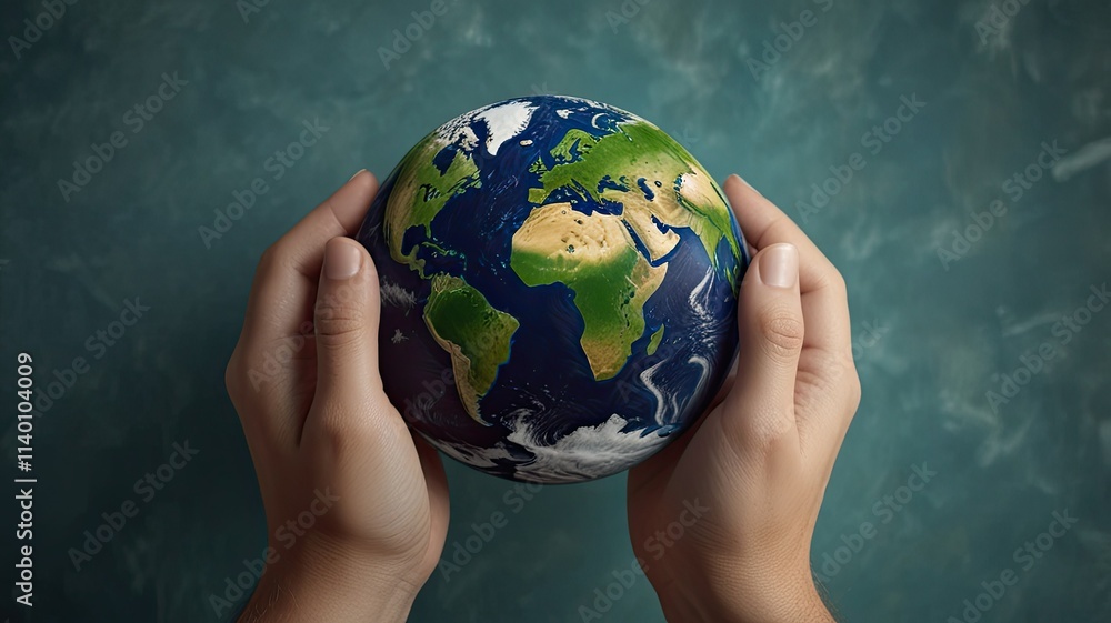 Hands gently cradle a colorful globe depicting continents symbolizing global unity and environmental consciousness in a creative workspace Hands gently cradle a colorful globe depicting continents symbolizing global unity and environmental consciousness in a creative workspace