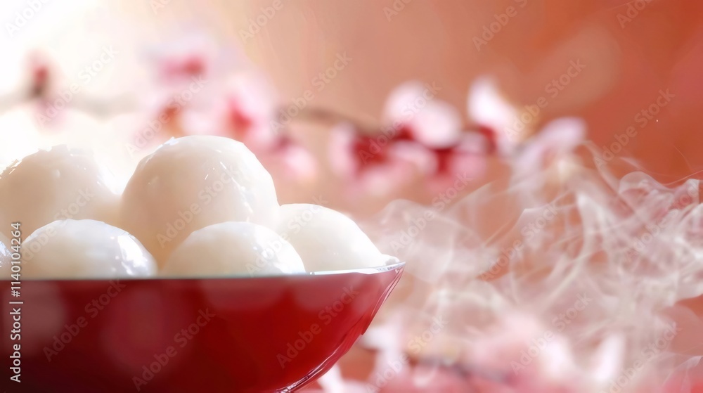 Steaming sweet rice balls in a red bowl with blurred pink flowers in the background. Steaming sweet rice balls in a red bowl with blurred pink flowers in the background.