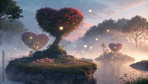 A serene landscape featuring heart-shaped trees surrounded by mist, flowers, and glowing hearts, evoking a magical and romantic atmosphere. photo