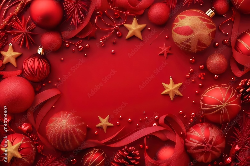 Red Christmas ornaments, stars, ribbons, and pine cones on red background. Red Christmas ornaments, stars, ribbons, and pine cones on red background.
