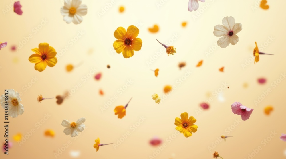 Obraz premium Falling Edible Flowers on Cream Background