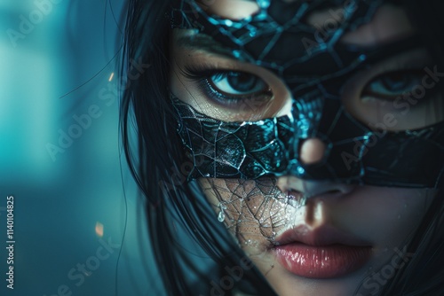 Woman peeling off a cracked mask, symbolizing the unveiling of true identity and hidden feelings photo