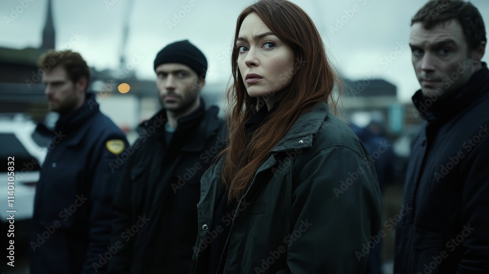Woman and three men stand outdoors, serious expressions. Woman and three men stand outdoors, serious expressions.