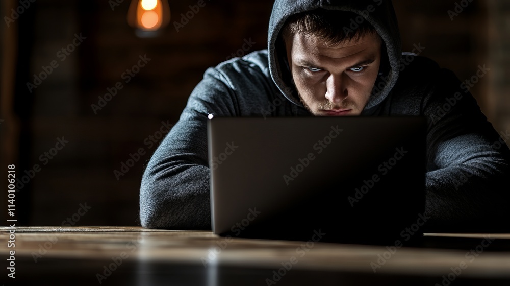 Young Man Intently Watching Live Sports Competition on Laptop in Dim Lighting