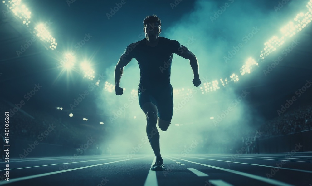 Fototapeta premium Runner sprints stadium, night, spotlight.
