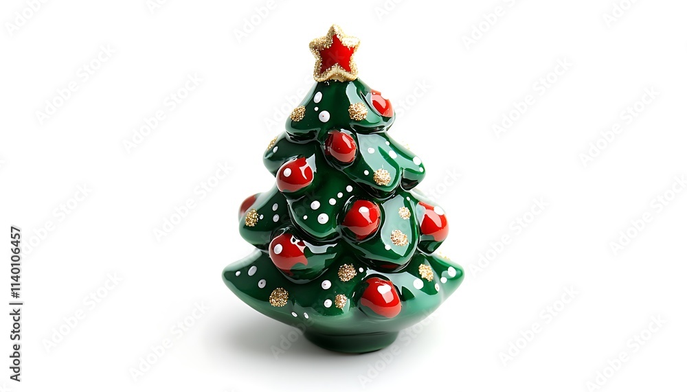 A decorative ceramic Christmas tree with red ornaments and a star on top. A decorative ceramic Christmas tree with red ornaments and a star on top.