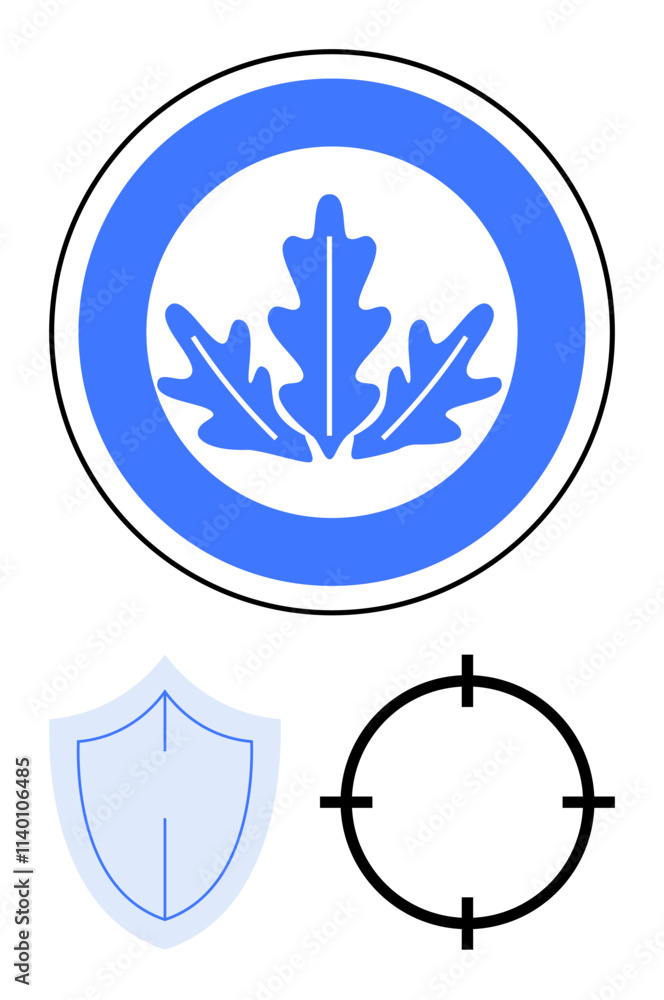 Blue oak leaf emblem within a circle, accompanied by symbols of a blue shield and a black crosshair. Ideal for security, protection, targeting, military, defense, nature and tactical themes. Line Blue oak leaf emblem within a circle, accompanied by symbols of a blue shield and a black crosshair. Ideal for security, protection, targeting, military, defense, nature and tactical themes. Line