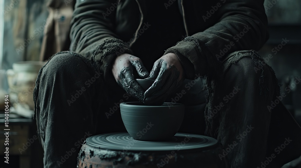 Skilled Artisan Creating a Beautiful Ceramic Bowl on a Pottery Wheel with Hands in Clay Skilled Artisan Creating a Beautiful Ceramic Bowl on a Pottery Wheel with Hands in Clay