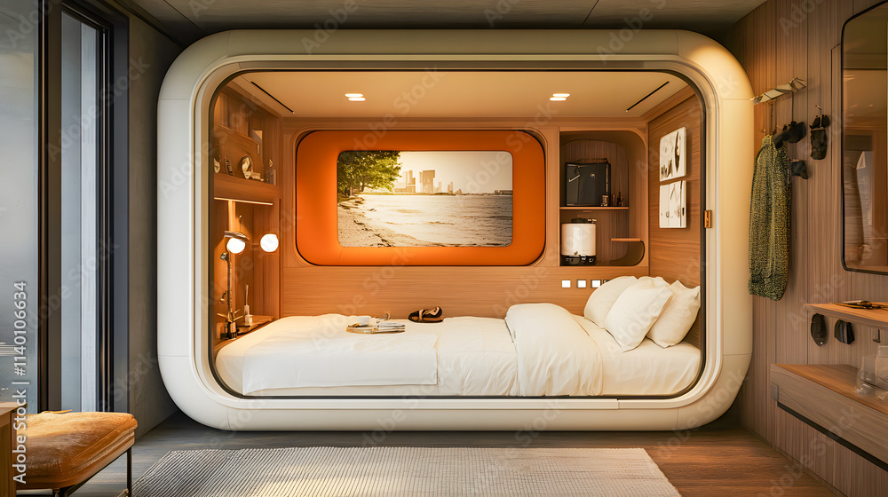 Fototapeta premium Modern Hotel Room Pods Interior Design Architecture, capsule hotel room interior design architecture