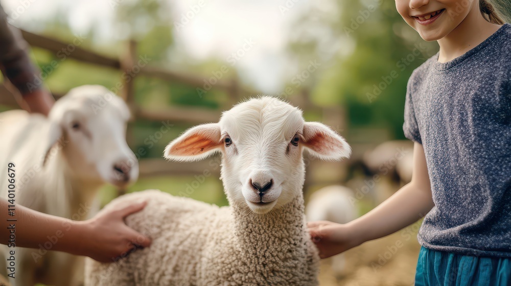 A child happily interacts with a fluffy sheep on a sunny farm, showcasing the joy of rural life and animal companionship. A child happily interacts with a fluffy sheep on a sunny farm, showcasing the joy of rural life and animal companionship.