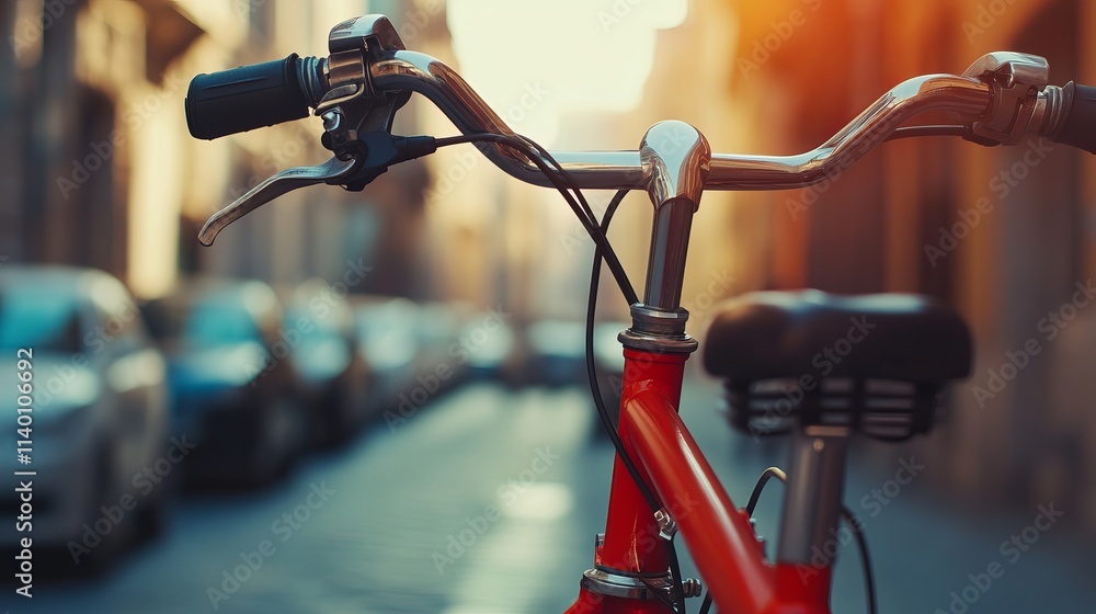 Close-Up of Bicycle Handlebars with Bell on a Busy Urban Street at Sunset Close-Up of Bicycle Handlebars with Bell on a Busy Urban Street at Sunset