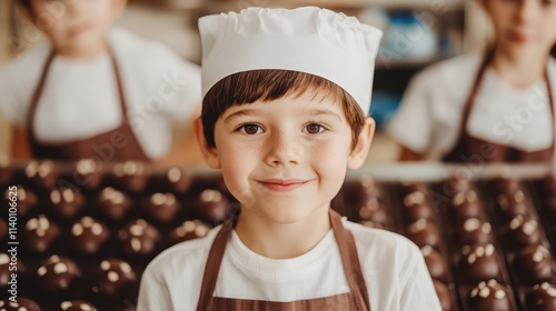 A cheerful young chef smiles proudly in a chocolate shop, embodying joy and passion for culinary arts amidst delicious sweets.