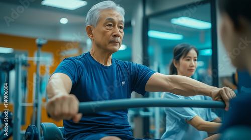 asian eldely man and womem exercising at rehabilitation room photo