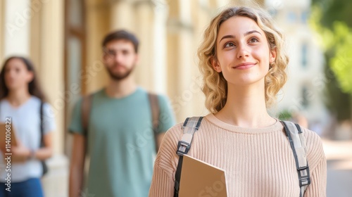 A confident student walks outdoors with joy, holding a notebook, surrounded by peers in a university setting. photo