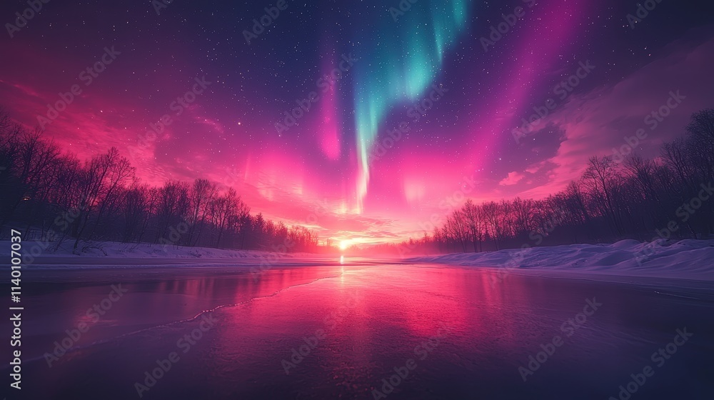 Enchanting Winter Night with Dancing Auroras Over Frozen Landscape Enchanting Winter Night with Dancing Auroras Over Frozen Landscape