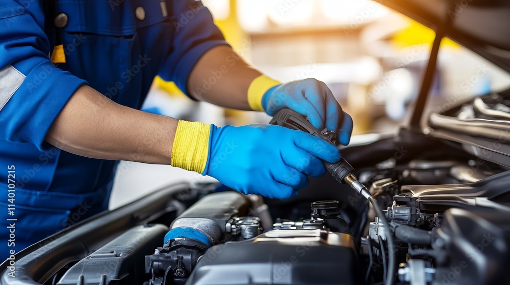 Mechanic Repairing Engine Under Car with Tools and Protective Gloves in Workshop Environment Mechanic Repairing Engine Under Car with Tools and Protective Gloves in Workshop Environment