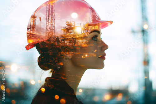 A professional woman with a pink safety helmet, overlaid with a bustling construction site in a double exposure, with copy space.