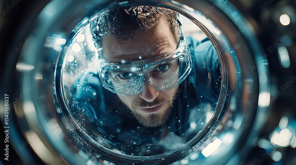 Close-up of Technician Inspecting Washing Machine with Protective Gear and Focused Expression Close-up of Technician Inspecting Washing Machine with Protective Gear and Focused Expression