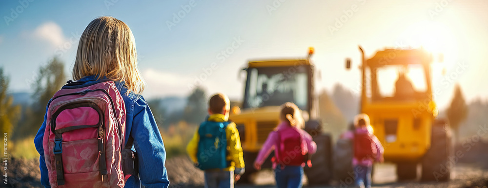 Obraz premium Children Walking Near Construction Site with Heavy Machinery in Background