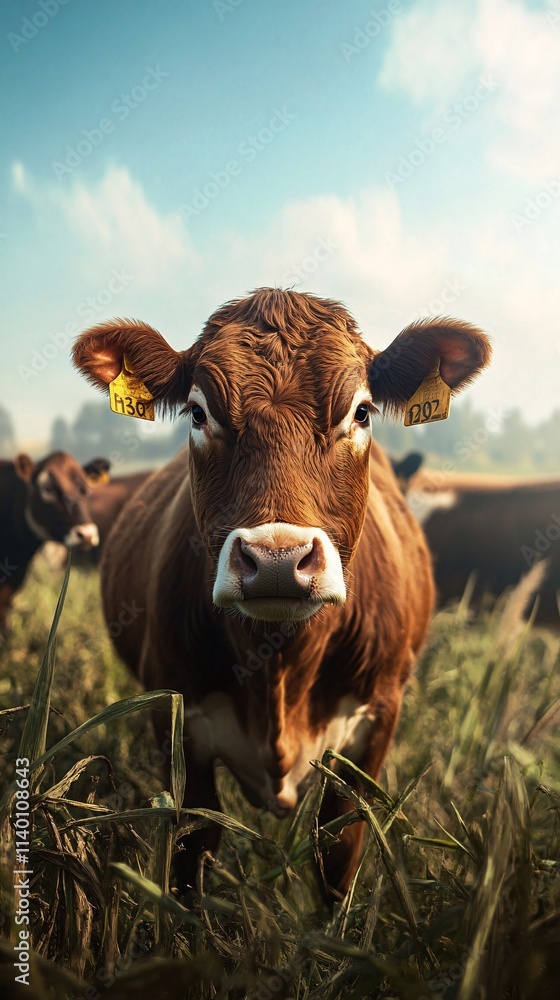 Brown cow grazing in green pasture under blue sky Brown cow grazing in green pasture under blue sky