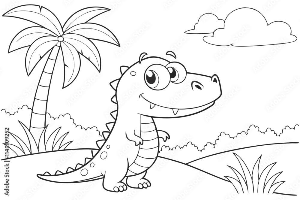 Fototapeta premium cute dinosaur some grass and a tree, coloring book