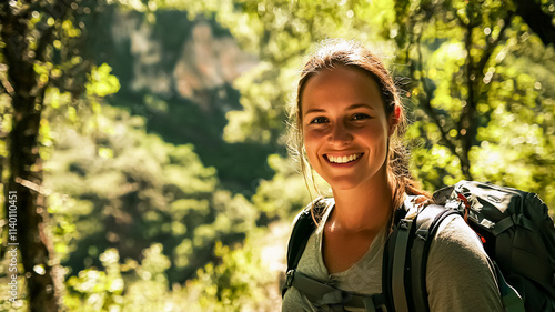 A young woman with curly hair and a bright smile explores a lush green forest. She wears a red shirt and carries a large hiking backpack, exuding adventure and happiness photo