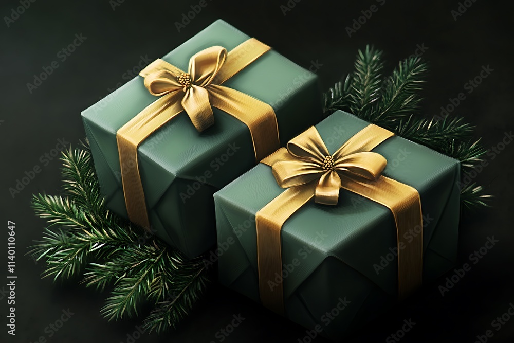 Christmas Gifts With Golden Ribbons And Pine Branches Christmas Gifts With Golden Ribbons And Pine Branches