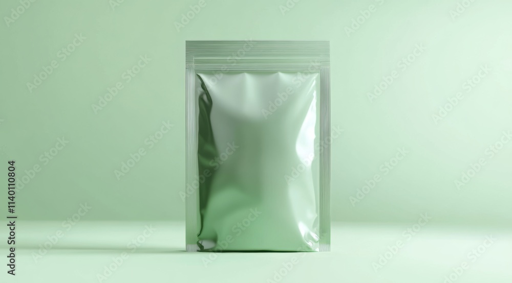 A blank green foil bag for coffee or tea, with the top open and visible on an isolated pastel background. A blank green foil bag for coffee or tea, with the top open and visible on an isolated pastel background.