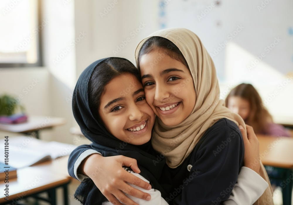 Two young muslim schoolgirls are embracing each other in a classroom, showcasing their friendship and happiness Two young muslim schoolgirls are embracing each other in a classroom, showcasing their friendship and happiness