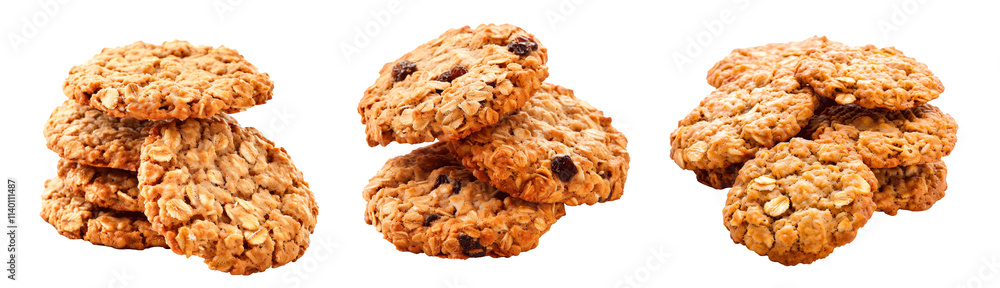 Set of Closeup of Freshly Baked Oatmeal Cookies Highlighting Texture, isolated on a transparent background. PNG element.