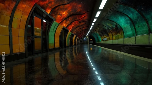 An empty subway platform with a colorful, galaxy-themed ceiling.