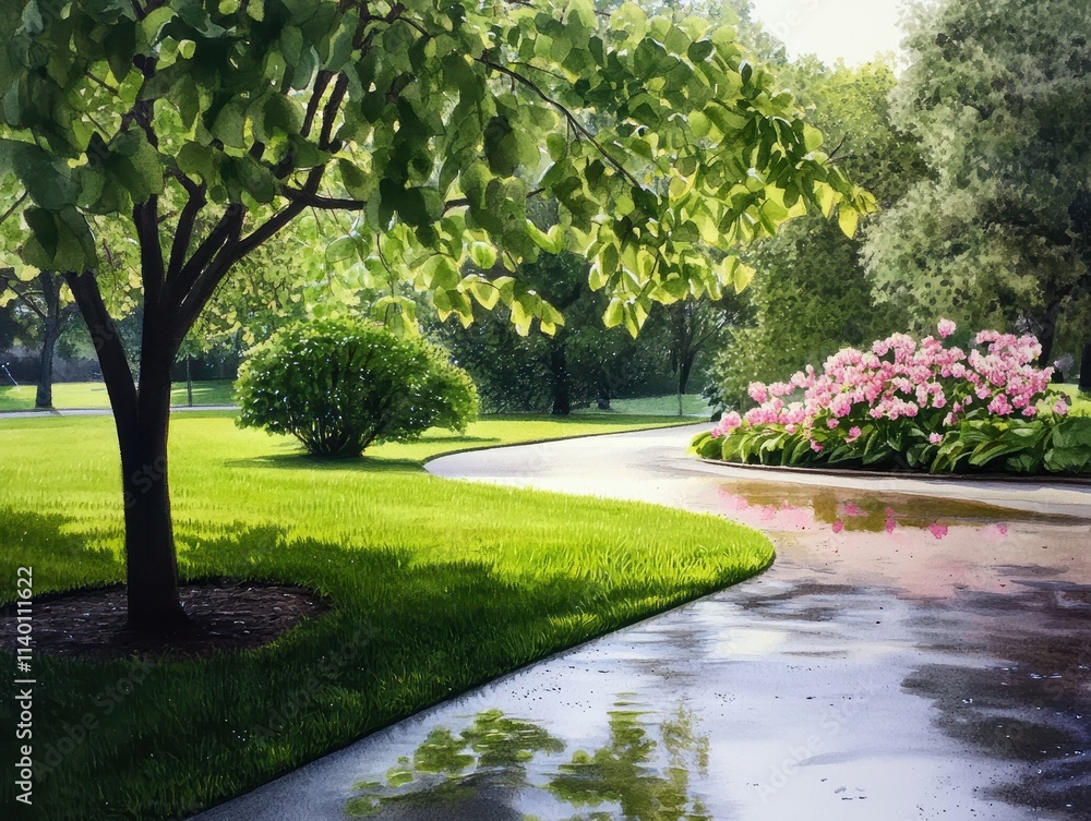 Obraz premium Serene Garden Pathway with Lush Greenery and Colorful Flowers in Bright Daylight
