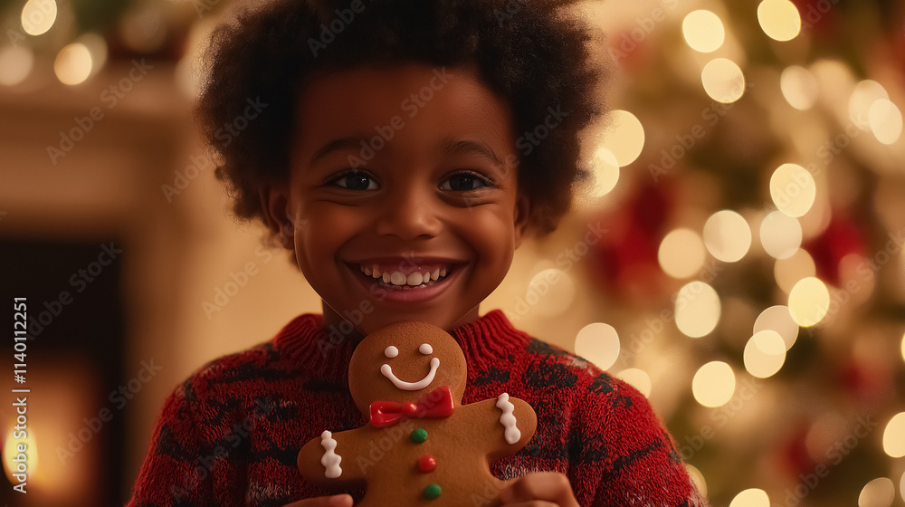 A joyful child holding a gingerbread man cookie A joyful child holding a gingerbread man cookie