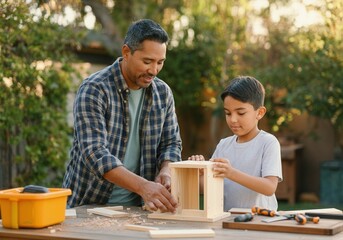 Father teaching his son basic carpentry skills, building a birdhouse together on a sunny day in their backyard