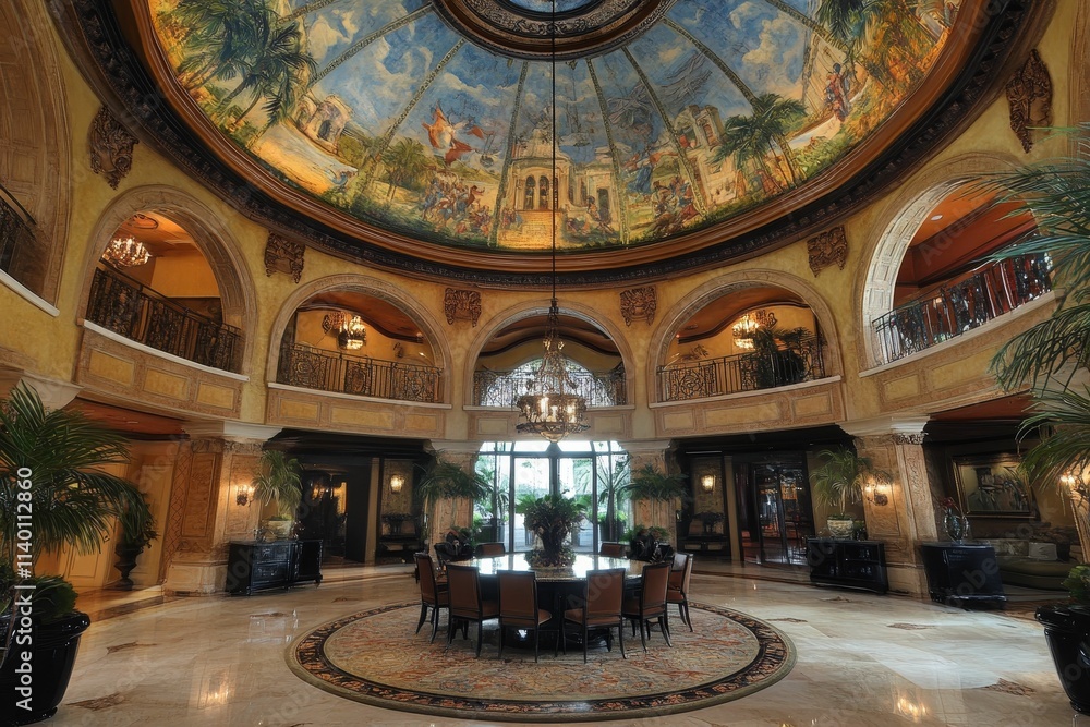 Obraz premium Grand foyer, painted dome, marble floor, dining table.