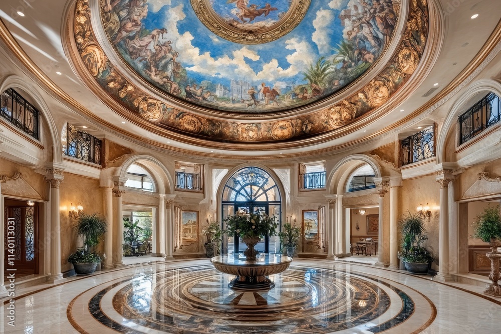 Fototapeta premium Grand entrance hall; ornate ceiling, marble floor, fountain.