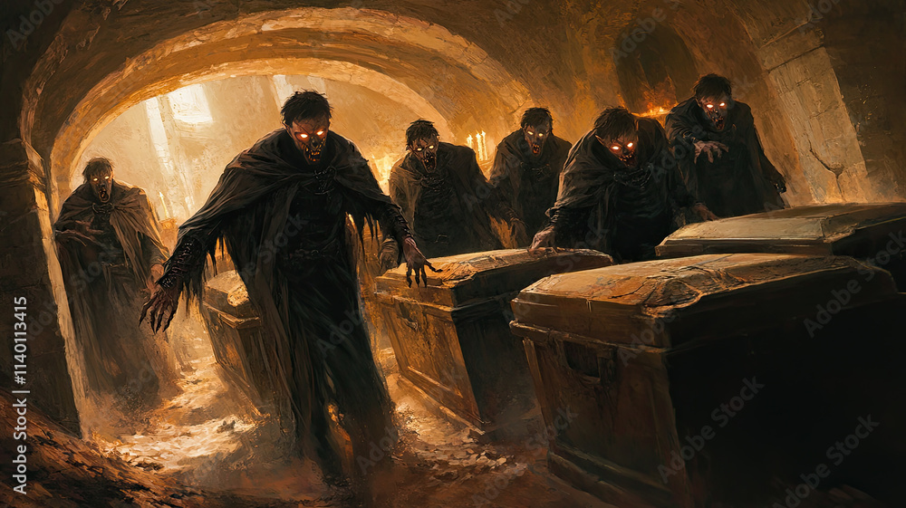 A group of undead corpses are walking through a dark, creepy tunnel. Scene is eerie and unsettling A group of undead corpses are walking through a dark, creepy tunnel. Scene is eerie and unsettling