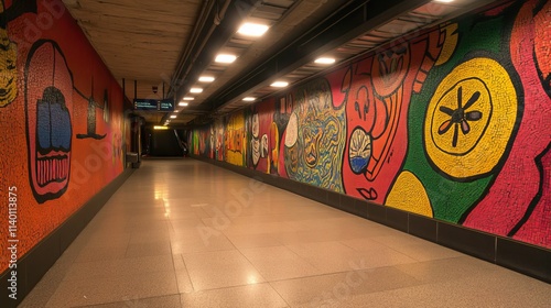 A colorful mosaic mural lines the walls of an underground walkway, creating a vibrant and artistic atmosphere.