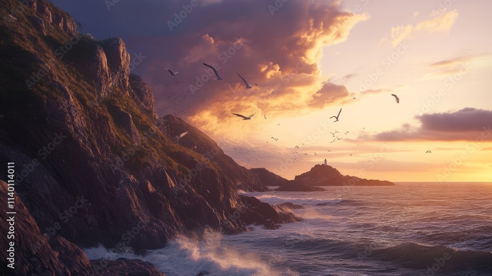 Obraz premium A serene coastal landscape at sunset with rocky cliffs and waves crashing. Birds soar above, creating a peaceful atmosphere.