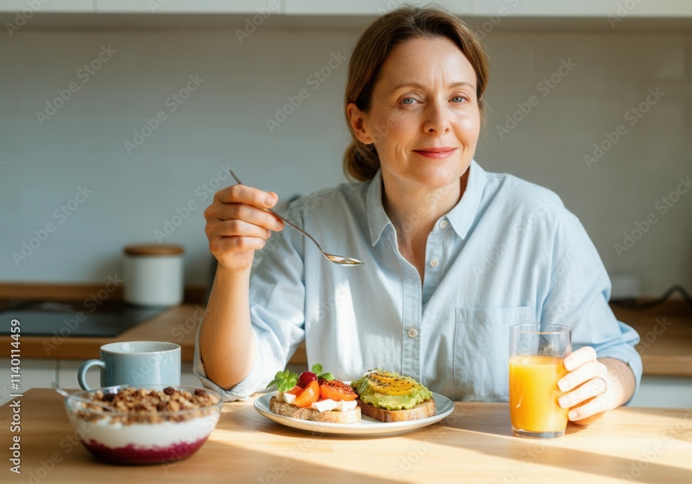 Middle-aged woman eating healthy breakfast with avocado toast, yogurt with granola and orange juice in modern kitchen Middle-aged woman eating healthy breakfast with avocado toast, yogurt with granola and orange juice in modern kitchen