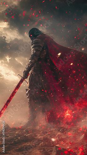 A warrior in a black armor holding a sword with red flames surrounding him. The image is dark and ominous, with a sense of danger and foreboding