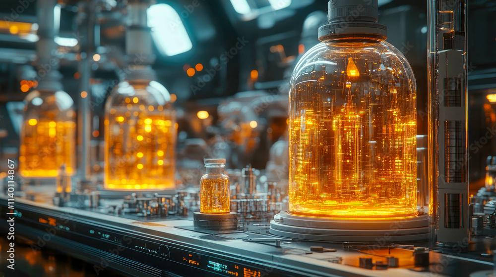 Futuristic laboratory showcasing glowing orange data vials stored in large glass containers, surrounded by advanced technology and machinery Futuristic laboratory showcasing glowing orange data vials stored in large glass containers, surrounded by advanced technology and machinery